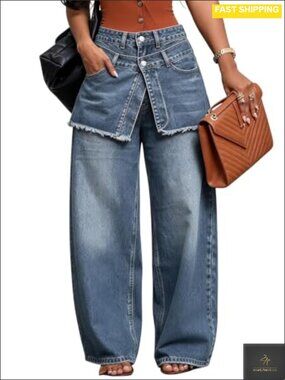 Wide Leg Baggy Jeans with Asymmetrical Frayed Hem